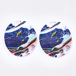 Printed Wooden Big Pendants, Dyed, Oval, Colorful, 63x50x2.5mm, Hole: 1.2mm(WOOD-S050-11A-16)