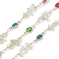 Brass Link Chains, with Glass & Natural Prehnite Beads, Long-Lasting Plated, Soldered, Golden, with Spool, 13.5x5x2.5mm, about 16.40 Feet(5m)/Roll(CHC-F019-12G-05)