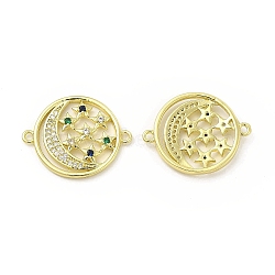 Brass Micro Pave Colorful Cubic Zirconia Connector Charms, Moon with Star Links, Golden, 18x23x3mm, Hole: 1.5mm(KK-E068-VB039)