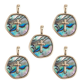 5Pcs Natural Abalone Shell/Paua Shell Pendants, with Real 18K Gold Plated Brass Findings, Cadmium Free & Lead Free, Long-Lasting Plated, Flat Round Charm, Cross Pattern, 18x13.5x2mm, Hole: 2x3mm