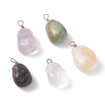 Natural Gemstone Pendants, with Copper Wire Wrapped, Platinum, Teardrop, 33~37x17.5~21x13.5~14.5mm, Hole: 3.7mm