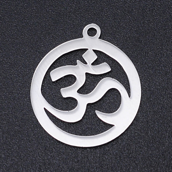 Chakra Theme, 201 Stainless Steel Laser Cut Pendants, Ring with Aum/Ohm, Stainless Steel Color, 23x20x1mm, Hole: 2mm