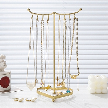 Detachable Iron Necklaces Display Rack, with Jewelry Heart Tray, For Hanging Necklaces Earrings Bracelets, Golden, 17.1x12.2x28cm