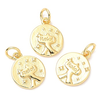 Rack Plating Brass Charms, Long-Lasting Plated, with Jump Ring, Lead Free & Cadmium Free, Flat Round with Word Reloi Charm, Real 18K Gold Plated, 13.5x10.5x1.5mm, Hole: 3mm