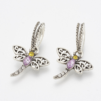 Alloy Rhinestone European Dangle Charms, Large Hole Pendants, Dragonfly, Violet & Yellow, Antique Silver, 26mm, Hole: 5mm
