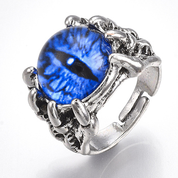 Adjustable Alloy Glass Finger Rings, Wide Band Rings, Dragon Eye, Blue, Size 10, 20mm