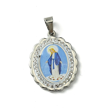 304 Stainless Steel Pendants, with Rhinestone and Enamel, Oval with Saint Charm, Stainless Steel Color, Cornflower Blue, 35.5x27x4.5mm, Hole: 9.5x4mm