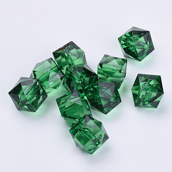 Transparent Acrylic Beads, Faceted, Cube, Dark Green, 10x10x8mm, Hole: 1.5mm