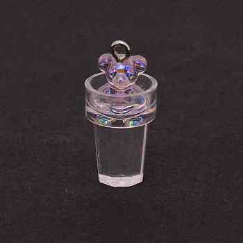 AB Color Plastic Pendants, with Platinum Tone Iron Loops, Imitation Food, Bubble Tea with Bear, Purple, 26.5x12.7mm, Hole: 2mm