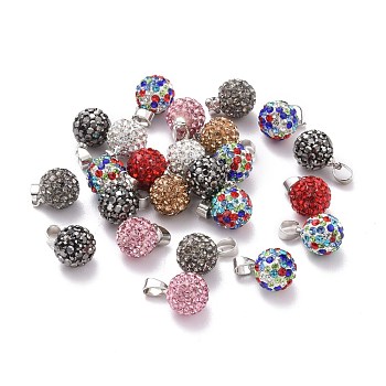 Polymer Clay Rhinestone Pendants, with Platinum Tone Iron Pinch Bail, Round, Mixed Color, PP10(1.6~1.7mm), 13x10mm, Hole: 5x3mm
