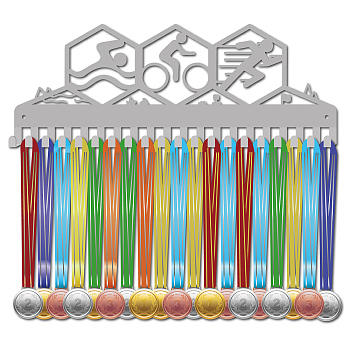 Fashion Iron Medal Hanger Holder Display Wall Rack, 20-Hooks, with Screws, Silver, Triathlon, Sports, 150x400mm, Hole: 5mm