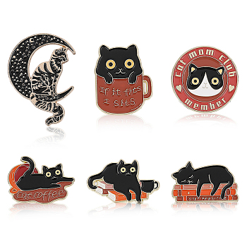 6Pcs 6 Style Cat Coffee Enamel Pins, Golden Alloy Word Brooch for Backpack Clothes, Mixed Color, 19~35x24~31x1.5mm, 1Pc/style