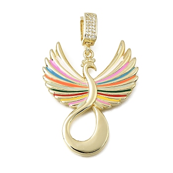 Brass Micro Pave Clear Cubic Zirconia Pendants, Phenix Charms, Real 18K Gold Plated, Colorful, 48mm, Hole: 7.5x4.5mm