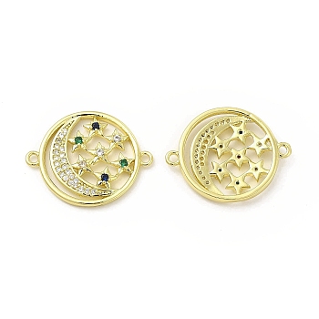 Brass Micro Pave Colorful Cubic Zirconia Connector Charms, Moon with Star Links, Golden, 18x23x3mm, Hole: 1.5mm