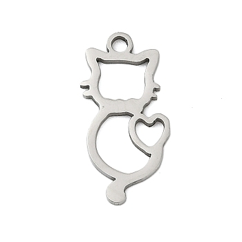 201 Stainless Steel Pendants, Cat Charms, Stainless Steel Color, 17.5x9x1mm, Hole: 1.4mm