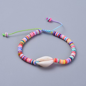 Eco-Friendly Handmade Polymer Clay Heishi Beads Braided Bracelets, with Cowrie Shell Beads and Nylon Cord, Colorful, 2 inch~3-1/8 inch(5~8cm)