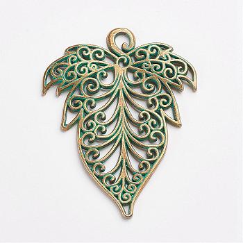 Tibetan Style Alloy Pendants, Leaf, Antique Bronze & Green Patina, 70x54x2mm, Hole: 3x5mm