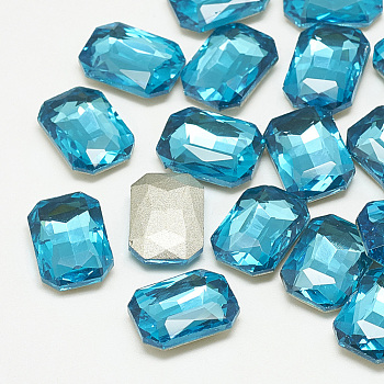 Pointed Back Glass Rhinestone Cabochons, Faceted, Rectangle Octagon, Aquamarine, 10x8x3.5mm