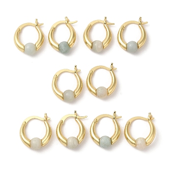 Natural Malaysia Jade Round Beaded Hoop Earrings, Real 18K Gold Plated Brass Jewelry, Cadmium Free & Lead Free, 19x15x6.5mm