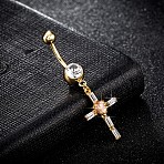 Piercing Jewelry, Brass Cubic Zirconia Navel Ring, Belly Rings, with Surgical Stainless Steel Bar, Cadmium Free & Lead Free, Real 18K Gold Plated, Cross, Orange, 48x16mm, Bar: 15 Gauge(1.5mm), Bar Length: 3/8"(10mm)(AJEW-EE0003-08D)