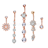 Brass Piercing Jewelry, Belly Rings, with Glass Rhinestone, Mixed Shapes, Rose Gold, 23~64mm, bar: 15 Gauge(1.5mm), 5pcs/set, bar length: 3/8"(10mm)~9/16"(14mm)(AJEW-EE0006-79RG)