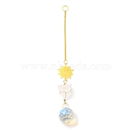 Wire Wrapped Nuggets Natural Quartz Crystal Pendant Decorations, Brass Sun and Glass Round Tassels Hanging Ornaments, 235mm, Hole: 11mm(HJEW-C008-03A-G)