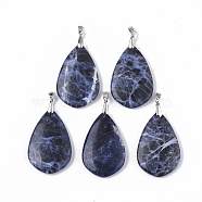 Natural Sodalite Big Pendants, with Platinum Tone Brass Ice Pick Pinch Bails, Teardrop, 57x37x9mm, Hole: 5x4mm(G-S359-050A)