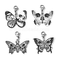 Alloy Enamel Pendant Decorations, with 304 Stainless Steel Lobster Claw Clasps, Butterfly with Skull, Black, 28~30mm(HJEW-JM01148)