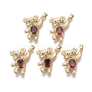 Brass Cubic Zirconia Pendants,  with Glass and Brass Snap on Bails, Nickel Free, Real 18k Gold Plated, Bear, Red, 21x16x7mm, Hole: 2x4mm(X-KK-R134-081-NF)