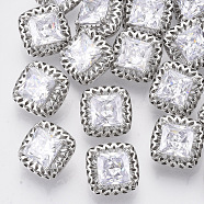 Brass Shank Buttons, with Micro Pave Cubic Zirconia, Square, Clear, Platinum, 12x12x8mm, Hole: 1.4mm(BUTT-S025-014)
