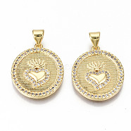 Brass Micro Pave Clear Cubic Zirconia Pendants, Nickel Free, Flat Round with Sacred Heart, Real 16K Gold Plated, 21x18x2mm, Hole: 3x5mm(ZIRC-S067-210-NF)