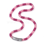 Glass Crochet Beaded Necklace, Fashion Nepal Necklace with Alloy Magnetic Clasps, Pink, 17.87 inch(45.4cm)(NJEW-Z029-04I)