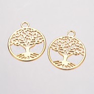 Brass Filigree Pendants, Flat Round with Tree of Life, Golden, 23.5x20x0.5mm, Hole: 3mm(X-KK-D522-09G)