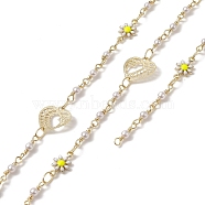Rack Plating Brass Heart & Enamel Daisy Flower Link Chains, with Plastic Pearl Beaded, Unwelded, with Card Paper, Golden, 13x7x2mm, 13.5x13.5x0.5mm(CHC-C026-22)