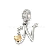 Brass European Dangle Charms, Heart Letter Large Hole Pendants, Platinum & Golden, Letter N, 25.5~30.5mm, Hole: 6mm(KK-Z097-01N-GP)