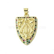 Real 18K Gold Plated Brass Micro Pave Cubic Zirconia Pendants, Shield with Virgin, Colorful, 29x19x3mm, Hole: 3.5x4.5mm(KK-H472-15G-01)
