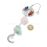 Wire Wrapped Natural Rose Quartz & Green Aventurine Pouch Pendant Deorations, with Gemstone Chip Tree of Life Link and Alloy Hollow Moon Pendant, 310~325mm(HJEW-JM01297-02)