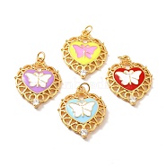 Rack Plating Brass Enamel Pendants, Cadmium Free & Lead Free & Nickle Free, with Cubic Zirconia and Jump Ring, Real 18K Gold Plated, Heart with Butterfly, Mixed Color, 26x21x3mm, Jump Ring: 5x0.6mm, Inner Diameter: 3.5mm(KK-M230-04G)