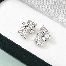 Brass Micro Pave Clear Cubic Zirconia Stud Earrings, Cat Shape, Platinum, 12.5x8.5mm(EJEW-R009-01P)