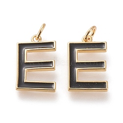 Brass Enamel Pendants, with Jump Ring, Long-Lasting Plated, Real 18K Gold Plated, Letter.E, Black, Letter.E, E: 18x11x1.8mm, Jump Rings: Inner Diameter: 3mm(KK-R139-03E)