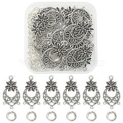 20Pcs Tibetan Style Alloy Chandelier Component Links, Teardrop with Flower, with 100Pcs Jump Rings, Antique Silver, Link: 29x15x2mm, Hole: 0.9 & 1.6mm(FIND-YW0003-25)