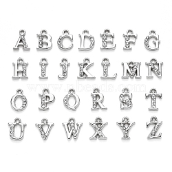 Alloy Rhinestone Charms, Alphabet, Letter A~Z, Crystal, Platinum, 12.5~13.5x5.5~12x2.5mm, Hole: 1.4mm, 26pcs/set(ALRI-T008-01P)