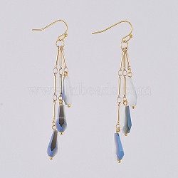 Electroplate Opaque Solid Color teardrop, Glass Beads Dangle Earrings, with Brass Bar Links Chains and Earring Hooks, Real 18K Gold Plated, Sky Blue, 72mm, Pin: 0.7mm(X-EJEW-JE03812-04)