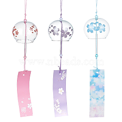 3Pcs 3 Colors Japanese Glass Wind Chimes, Flower Pattern Small Wind Bells with Paper Card, Suncatcher for Garden Window Party Hanging Decors, Mixed Color, 375~395mm, 1pc/color(DJEW-BC0001-13)