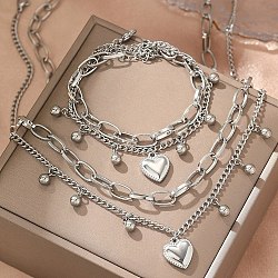 Heart 304 Stainless Steel Double Necklaces & Bracelets Sets for Women, Stainless Steel Color, 465mm(SJEW-F226-03P)