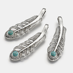 Tibetan Style Alloy Big Pendants, with Synthetic Turquoise, Feather, Antique Silver, 57x15.5x6mm, Hole: 4x9mm(PALLOY-P122-03AS)