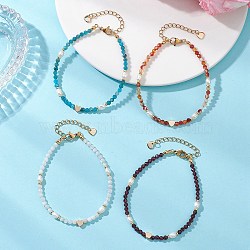 Natural Gemstone & Cultured Freshwater Pearl Beaded Bracelets, Brass Heart Charm for Women, Mixed Color, 7.24 inch(18.4cm)(BJEW-JB13546)