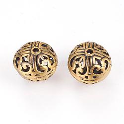 Brass Beads, Hollow, Round with Flower, Brushed Antique Bronze, 12x11mm, Hole: 1.5mm(KK-K176-24AB)