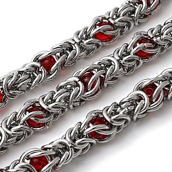 304 Stainless Steel Byzantine Chains, Unwelded, with Spool, Stainless Steel Color, Glass Beads, Red, 10mm(CHS-K024-06P-02)
