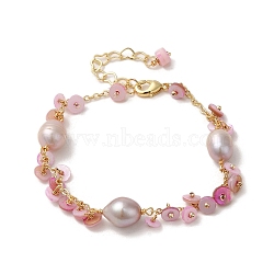Shell Pearl Disc Charm Bracelet, with Brass Chains, Real 14K Gold Plated, 6-3/4 inch(17.1cm)(BJEW-C051-29G)